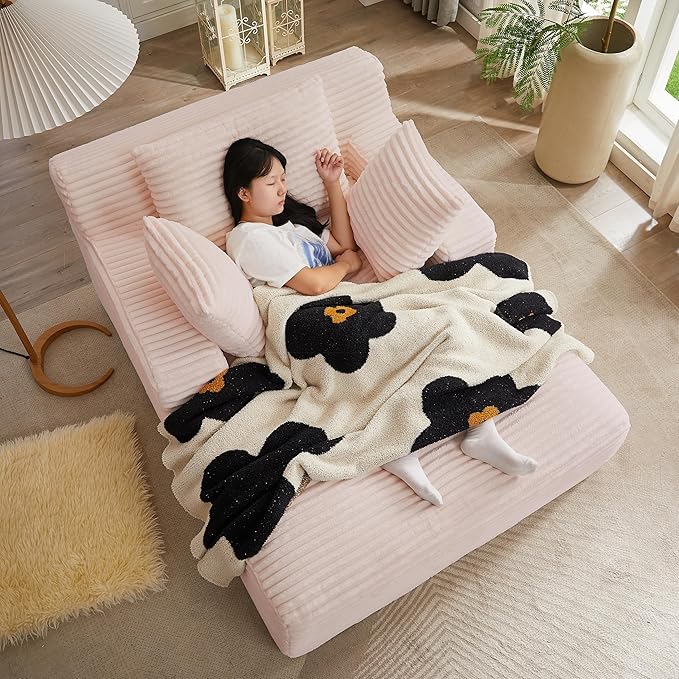50 Inch Oversized Chaise Lounge Chair Corduroy Upholstered Sleeper Sofa Bed with Spring Cushion No Assembly Lazy Boneless Chaise Lounge for Bedroom Office Pink