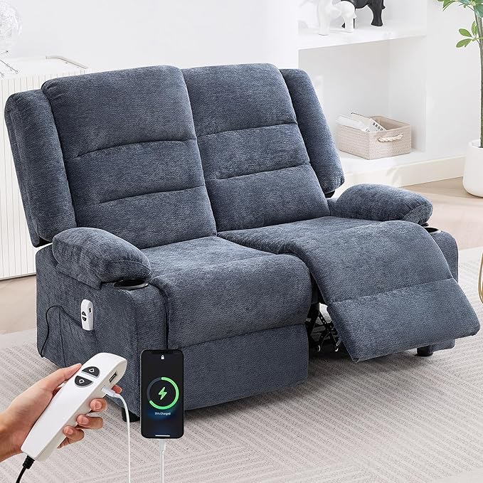 52Inch Power Loveseat ReclinerElectric Reclining Loveseat SofaAdjustable Love seat Recliner Sofa for Living RoomBedroom with Charging Ports(Blue loveseat)