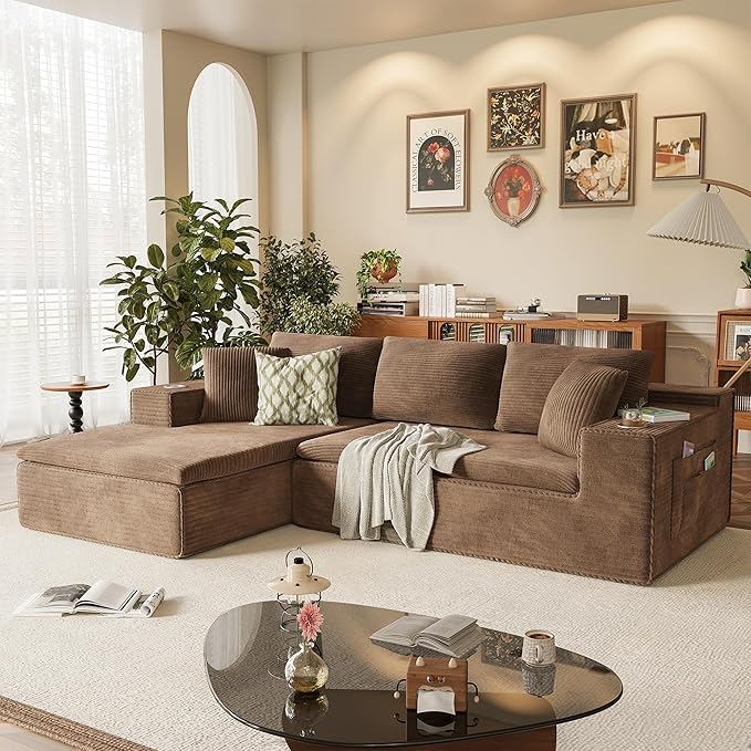 Homall 109 Boneless Couch with Memory Foam Modular Sectional Sofa with L-Shape Chaise Cloud Couch with Deep Seat Dual Cup Holders &amp Side Pockets No Assembly Required (Brown)