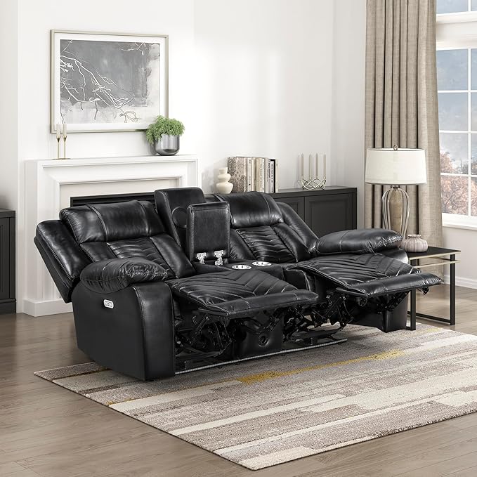 Lexicon Wall Hugger Power Double Reclining Loveseat with Console Faux Leather Home Theater Seating with LED Lighting Charging Ports Bluetooth Speaker Wireless Cup Holders Hidden Storage Black