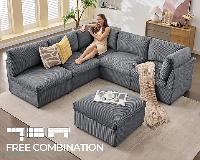 Jocisland Oversized Modular Sectional Sofa with 32 Deep Seat 6 Seater Sectional Couch Modular Sofa for Living Rooms Tool-Free Assembly Flexible Modular Couch Layout-Corduroy Gray