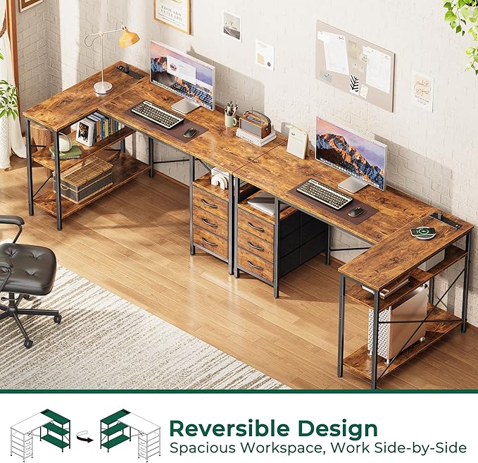 Huuger L Shaped Office Desk with Power Outlets 47 Inch Computer Desk with 3 Drawers Shelves for Gaming Corner Work Home Office Study Rustic Brown