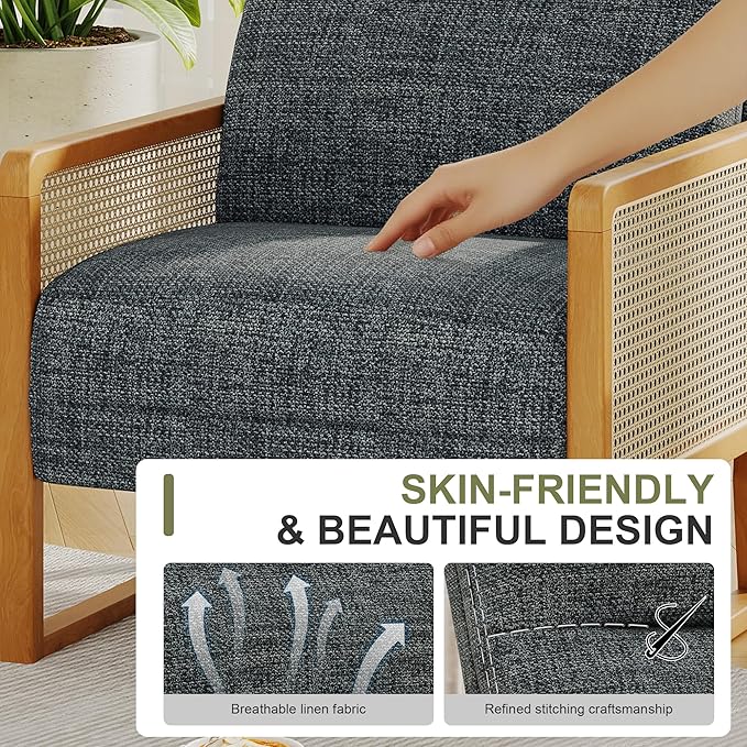 Upholstered Accent Chair Set of 2 Modern Rattan Accent Chair with Ash Wood Legs Comfy Dark Gray Armchair for Living Room