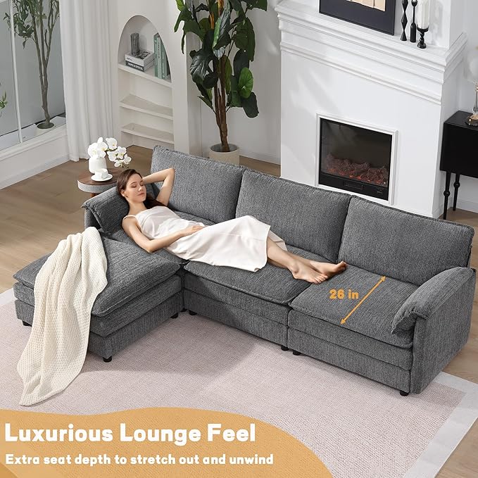 108 Cloud Sectional Couches for Living Room Convertible L Shaped Modular Sectional Sofa with Movable Ottoman 3-Seat Chenille Cloud Couch with Deep Seat for Bedroom Apartment Dark Gray