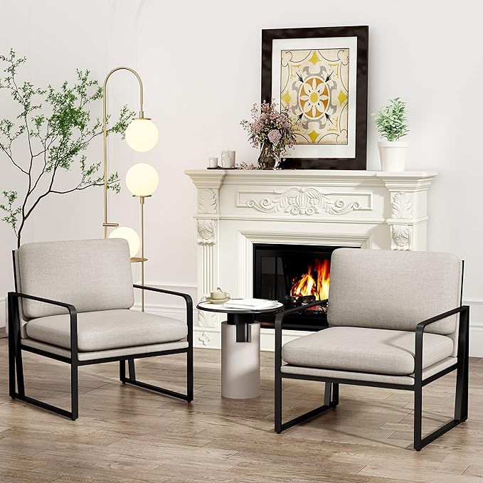 Andeworld Modern Accent Chair Set of 2 Mid Century Living Room ArmchairUpholstered Linen Sofa Side Chair with Metal Legs for ReadingLoungingBedroom Apartment Light Grey 2