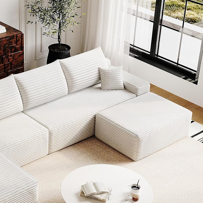 37.4 Plush Corduroy Ottoman Upholstered Cloud Ottoman for Boneless Couch in a Box Modular Sectional Couches for Living Room Compressed Memory Foam No Assembly Require White