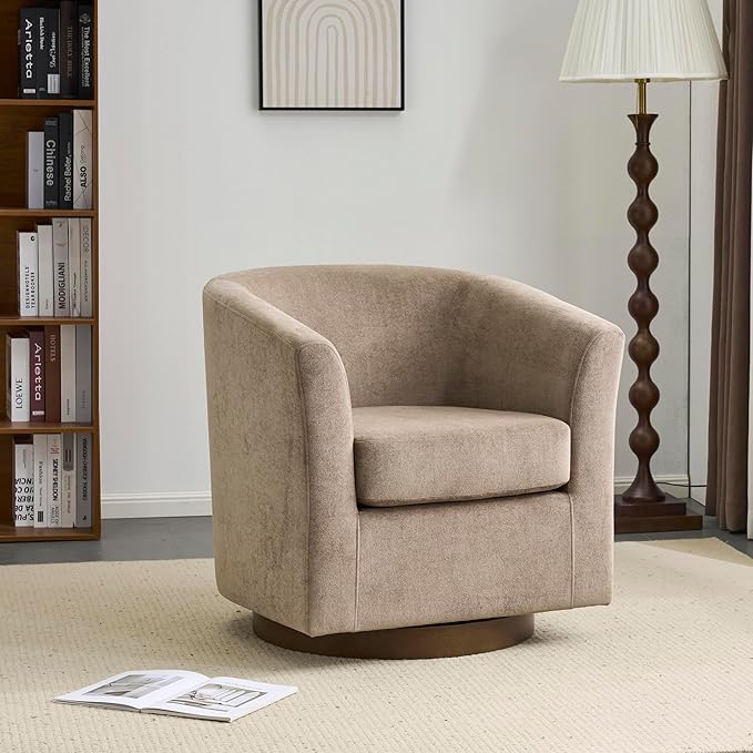 Christopher Knight Home Coles 360° Velvet Swivel Accent Chair Living Room Barrel Swivel Chair with Iron Frame Wooden Velvet Club Chair with Rotation No Assembly Required Light Brown+Walnut
