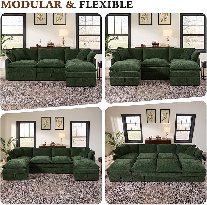 Ihanherry 103 Modular Sectional Sofa with Storage L Shaped Cloud Couch with Movable Ottomans &amp 4 Pillows Chenille Deep Seat Sectional Couches for Living Room Apartment (Green)