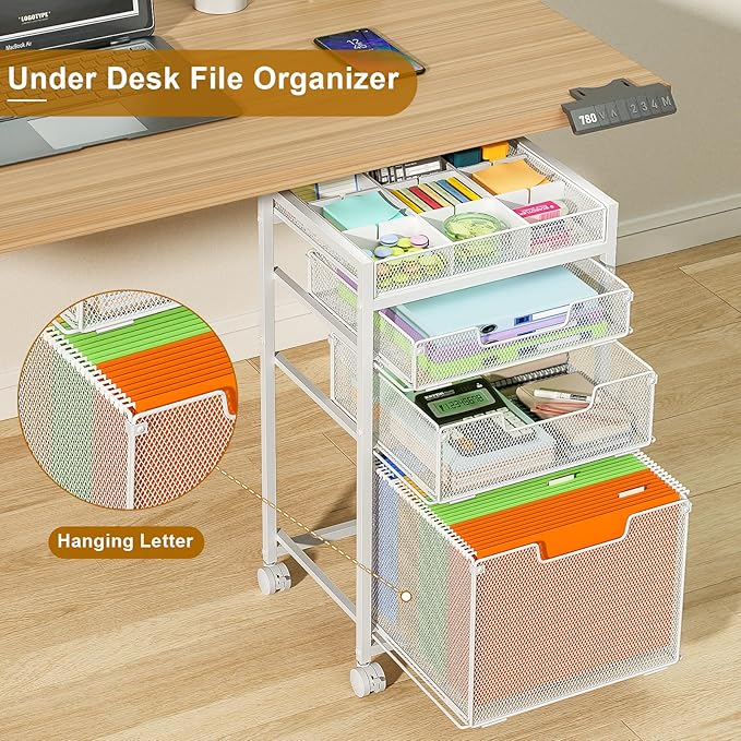 Rolling File Cart with 3 Storage Drawers Under Desk Filing Cabinet with DIY Divider Hanging File Folder Organizer on Wheels Fits A4/Letter Size Metal Utility Cart for Home Office White