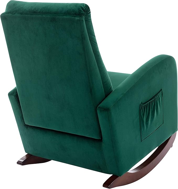Cozy Velvet Reclining Rocking Chair with Side Storage Pocket Comfortable Button Tufted Rocker Elegant and Functional Rocking Recliner Chair Ideal for Living Room &amp Nursery Emerald