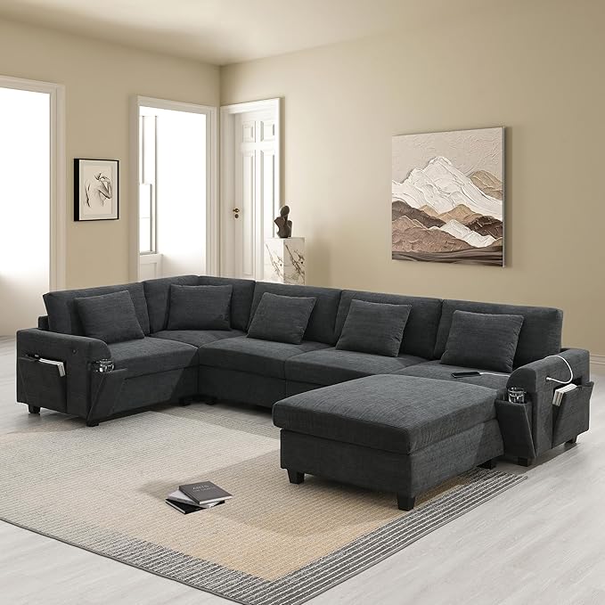 128*67 U Shaped Sectional Sofa 6 Seat Chenille Couch Set with Oversized Ottoman Hidden Armrest Storage and Cup Holders USB Charging Ports Wide Seat Sofa for Living Room Apartment Black