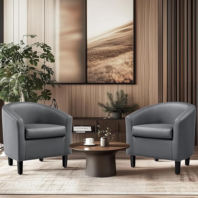 Yaheetech Barrel Chairs Faux Leather Chairs Modern Leather Club Chairs Comfy Gray Accent Chairs with Sturdy Wood Legs for Living Room/Bedroom/Reading Room/Waiting Room Gray Set of 2