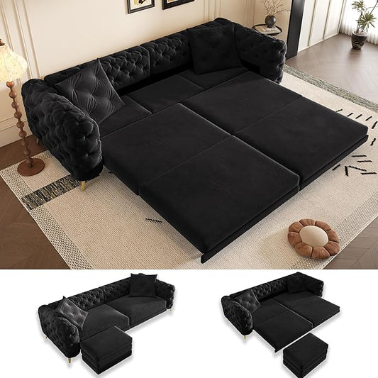 97.7 King Pull Out Sofa Bed Velvet Chesterfield Sleeper Sofa Couch 3 in 1 Convertible Tufted Futon Couches with Ottoman for Living Room Small Space Apartment Office Bedroom Black
