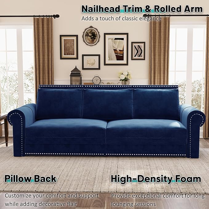 JOYBASE Pull Out Sofa Bed King-Size Convertible Sleeper Sofa Modern 3-Seater Velvet Couch with Nailhead for Living Room Office Apartment (Blue)