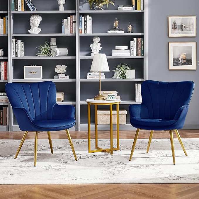 Yaheetech Velvet Accent Chair Modern Armchair with Wing Side and Metal Legs Cozy and Soft Padded and High Back for Living Room/Home Office/Bedroom Set of 2 Blue