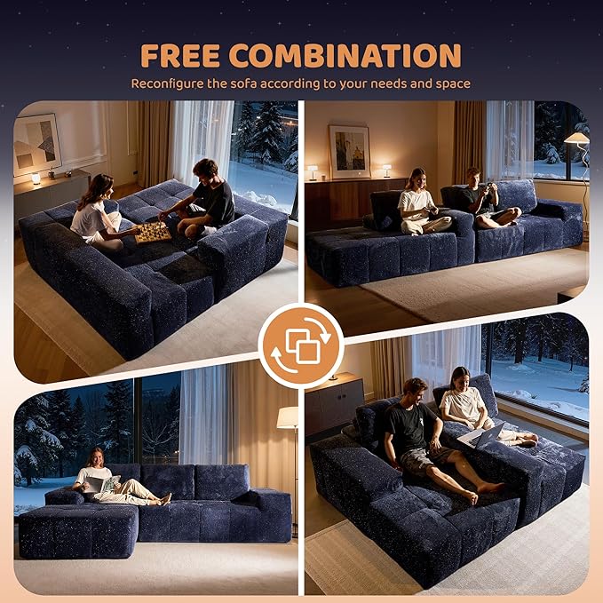 115″ Modular Sectional Sofa L-Shaped Chaise Lounge Cloud Couch with Ultra-Wide Armrests &amp Deep Seat Silver Weave Boneless Couches for Living Room No Assembly Required Blue