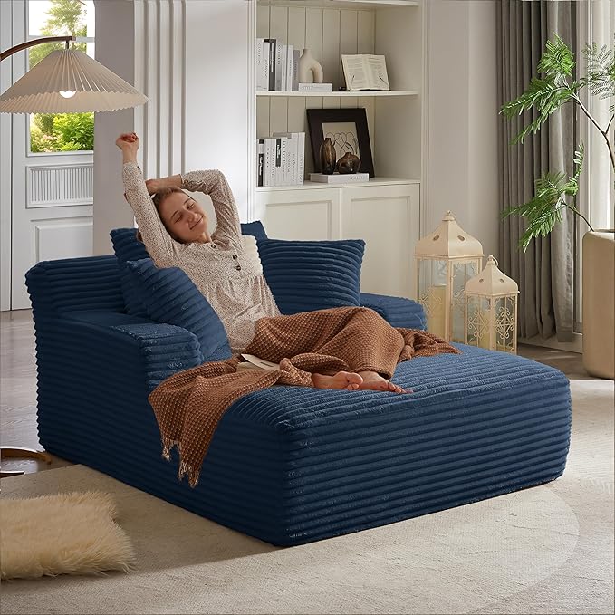 50 Chaise Lounge Chair Indoor Corduroy Lazy Sofa Bed Sleeper Chair with 3 Pillows &amp Spring Cushion Oversized Reading Chair for Living Room Apartment Blue