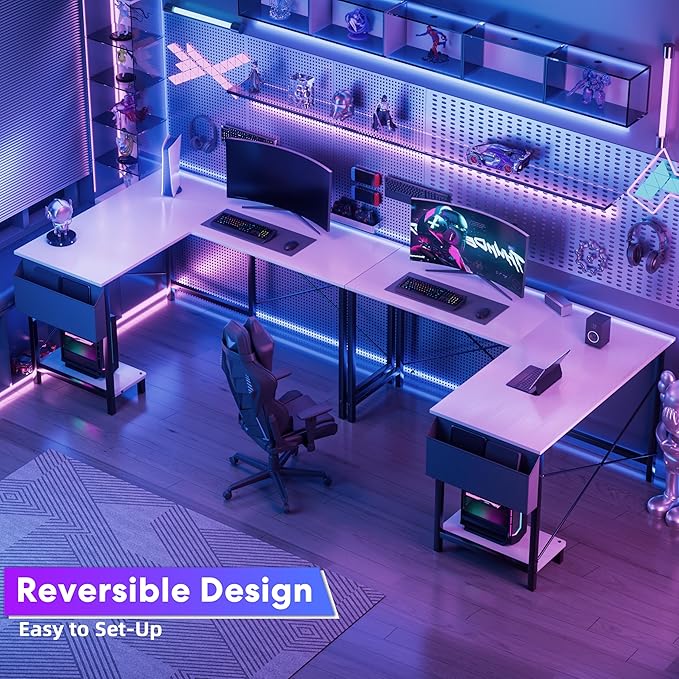 YSSOA 50 L Shaped Gaming Desk with Reversible Corner - Home Office Computer Desk with Wood Top Metal Frame CPU Stand &amp Storage Bag for Small Space Gaming Room White