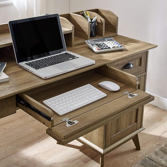 Pemberly Row Wood Writing/Computer Desk with Hutch Golden Oak Finish 47.6 in x 20 in x 36.3 in Engineered Wood and Metal USB Hub Multiuse Drawer Durable Home Office Desk for Bedroom or Dorm