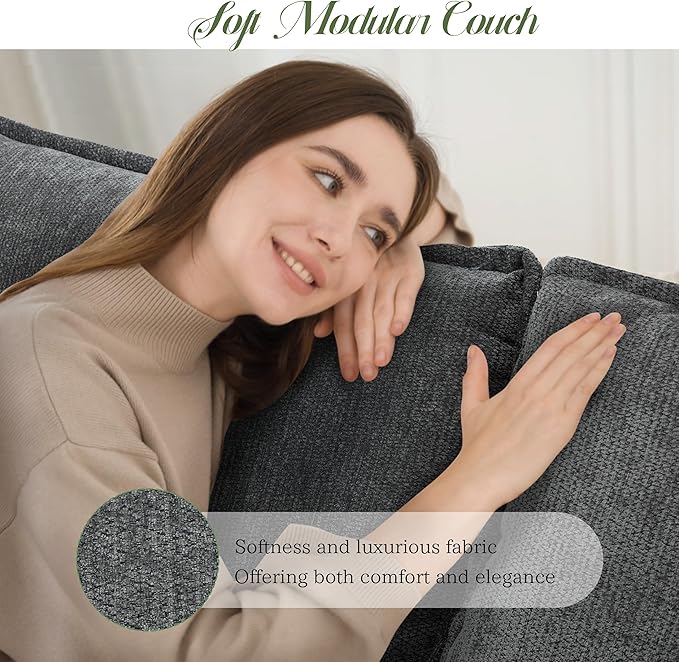 Cloud Couch 140 Modular Sectional Sofa with Movable Ottoman U Shaped Modern Sofa with Pillows Deep Seat Couches for Living Room Bedroom and Apartment Comfy Couch Grey