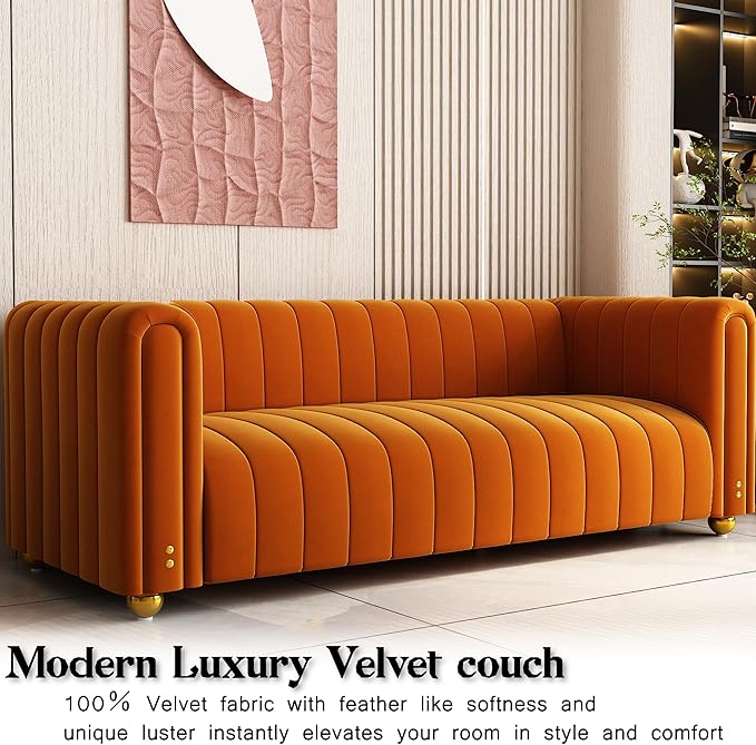 81 Velvet ﻿Orange Couch Mid Century Modern Couches Tufted Sofa 3 Seater Velvet Sofas Loveseat Upholstered Couches with Metal Legs Suitable for Luxury Couch in Living Room