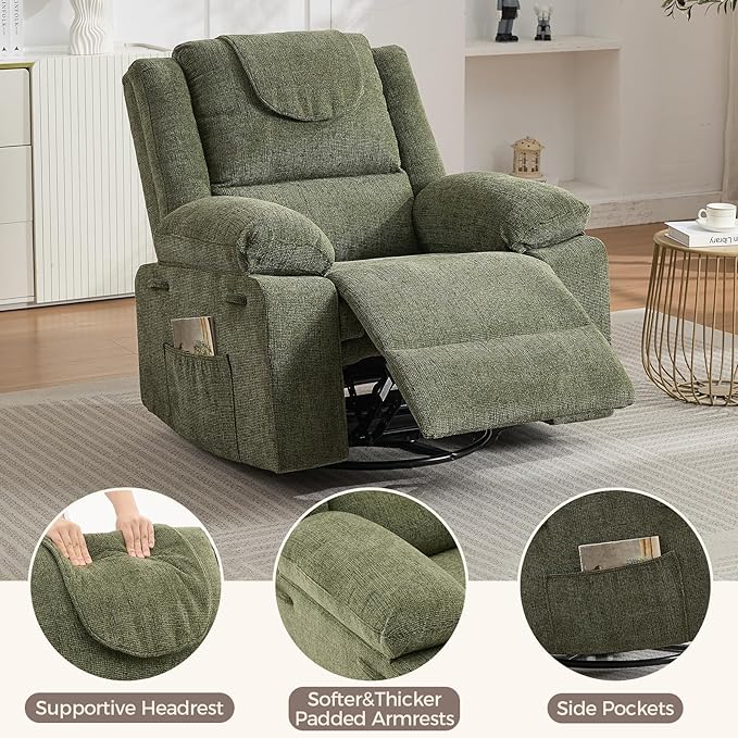 Rocking Nursery Glider Recliner Chair360° Swivel Rock Recliner Chairs Single Sofa with Vibration Massage and Heating for Living Room/BedroomGreen