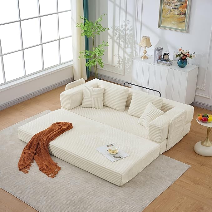 79.5 Folding Convertible Sofa Bed with Side Storage Pockets 4-in-1 Corduroy Boneless Couch No Assembly Loveseat Sleeper Floor Sofa Daybed Futon Couch for Living Room Bedroom Lounge Beige Upgraded