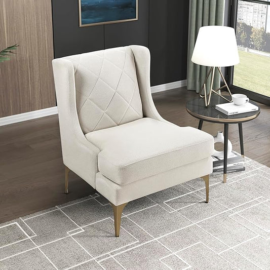 Lexicon Modern Accent Chair Living Room Chenille Upholstered Single Sofa Chair with Gold Metal Legs Wing Back &amp Diamond Stitched Back Armchair for Bedroom/Office/Waiting Room Taupe
