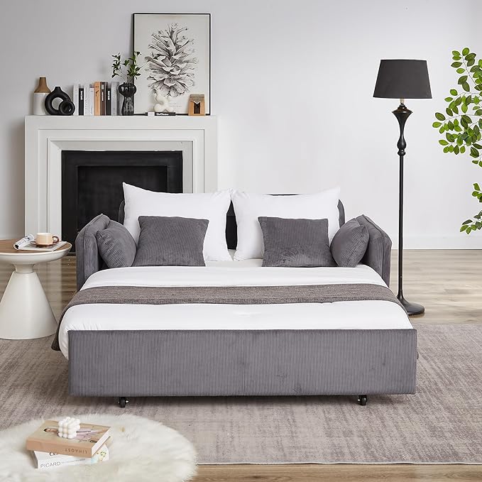 Ball &amp Cast 66 Convertible Sofa Bed3-in-1 Corduroy Loveseat Sleeper Pull Out Couch Bed with Pillows and Side Pockets Deep Seat Comfy Sofa Couches for Living RoomApartmentGrey