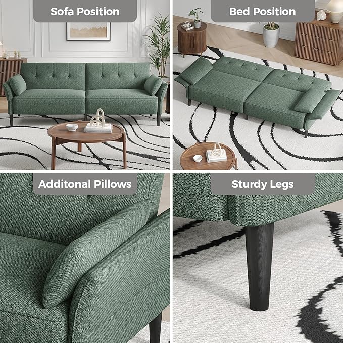 89” Futon Sofa BedComfy Futon Couch Bed with 2 Square PillowsConvertible Sleeper Sofa with Adjustable Backrest&amp Armrests Modern Loveseat Sleeper for Living Room Bedroom Linen Green