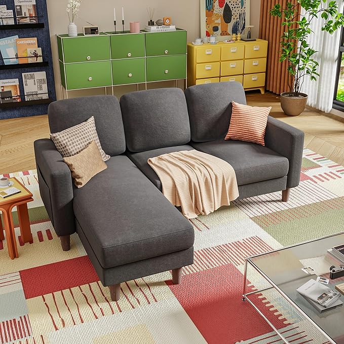YESHOMY Couch for Living Room Small L-Shaped Couch with Convertible Chaise Comfy Sectional Sofa with Ottoman and Side Pockets for Small SpaceDark Grey
