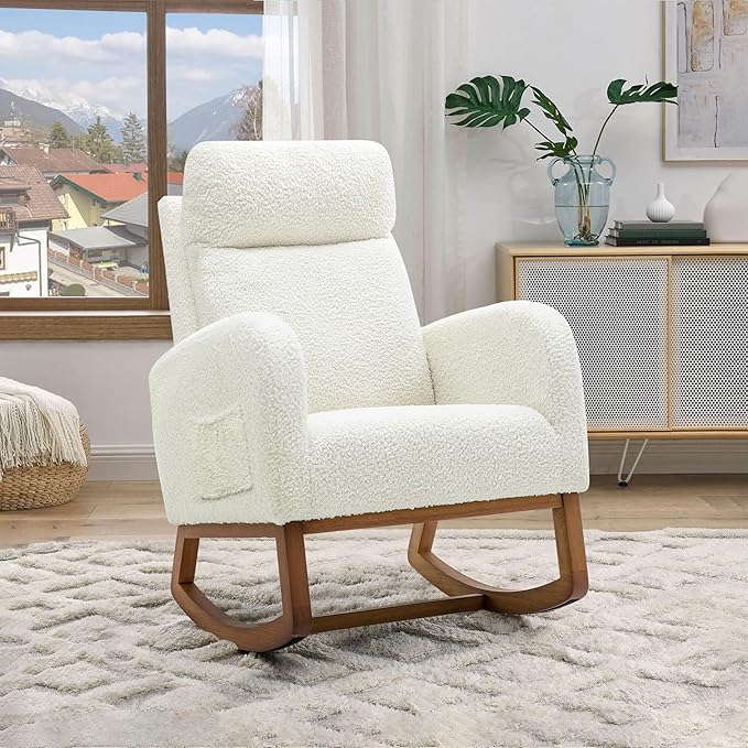 Nursery Rocking Glider Chair Modern Fabric Tall Back Accent Rocker Chair Upholstered Arm Chair w/Side Pockets Modern Leisure Single Sofa for Living Room Hotel Bedroom Office Cream