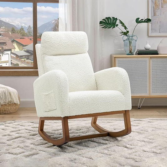 Nursery Rocking Glider Chair Modern Fabric Tall Back Accent Rocker Chair Upholstered Arm Chair w/Side Pockets Modern Leisure Single Sofa for Living Room Hotel Bedroom Office Cream