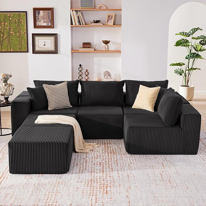 135.4 Cloud Couch Sectional Modular Sectional Sofa with Deep Seat Plush Corduroy U Shaped Boneless Couch Convertible Sectional Couches for Living Room 6Seat Black