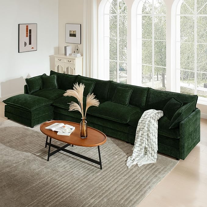 146.5 Convertible L Shaped Sectioanl Couch deep Cloud sectional Sofa with Movable OttomanGreen