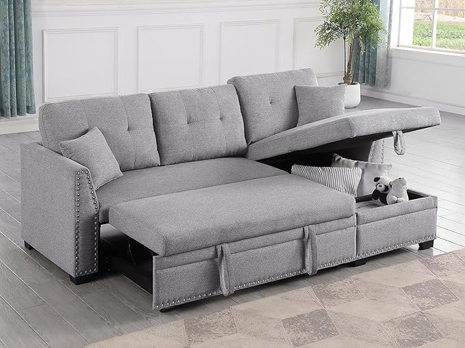 BEEY Convertible Sleeper Sofa Bed 82 Small Sectional Sofa with Storage Chaise for Small Spaces L Shaped Couch with Pull Out Bed for Bedroom Living Room (Light_Grey)