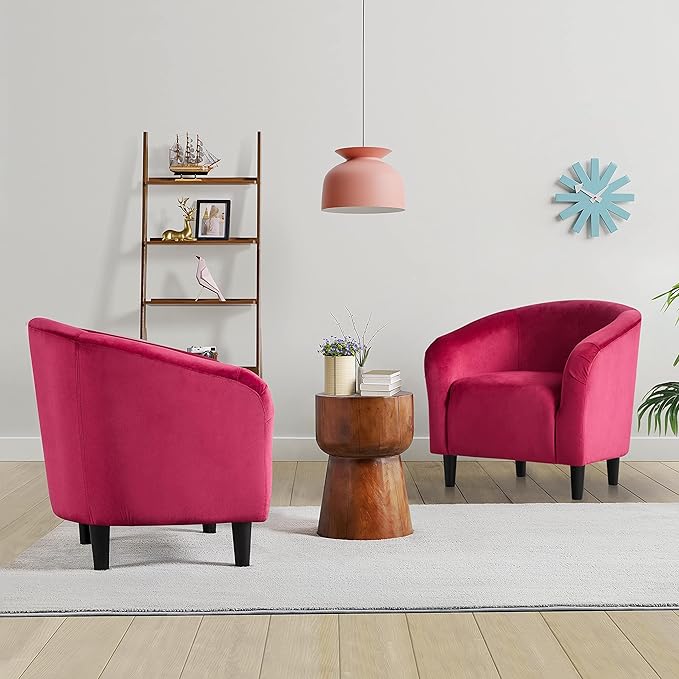Yaheetech Accent Chairs Velvet Barrel Chair Cozy Club Chairs with Sturdy Legs and Soft Padded Seat for Bedroom/Living Room/Reading Room Rose Red Set of 2