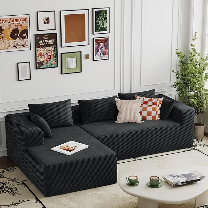 ALISH 111 Inch L-Shaped Cloud Sectional Sofa Couch Compression Couch with Chaise Modular Deep Seat Boneless Design for Easy Setup Plush Upholstered Living Room Bedroom Apartment Furniture Black