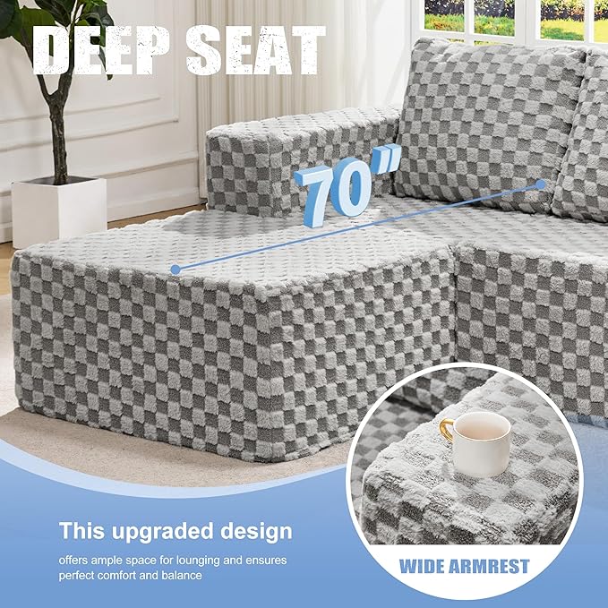 Hobestluk Modular Sectional Sofa Memory Foam Couch Oversized Sectional Sofa 3-Seater with Chaise Cloud Couch with Removable Cover L Shape Sofa for Living Room (Plush Grey 3-Seater with Chaise)