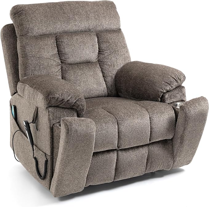 Dual Motor Lay Flat Lift Chairs Recliners - Extra Wide Big Man Recliner with Heat &amp Massage - Hidden Cup Holder - 400 lbs Capacity