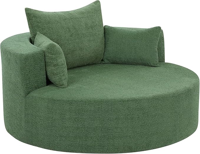 Oversized Round Swivel Chaise Modern 360°Swivel Barrel Chair with 3 Pillows Comfy Chenille Chaise Lounge Chair Indoor Single Cloud Circle Sofa for Living Room Bedroom Office (Green)