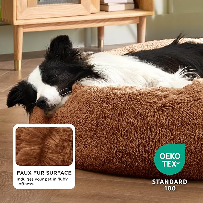 Bedsure Calming Dog Bed for Large Dogs - Donut Washable Large Pet Bed 36 inches Anti-Slip Round Fluffy Plush Faux Fur Dog Bed Fits up to 80 lbs Pets Copper