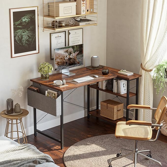 L Shaped Desk 55 Small Reversible Corner Computer Desk with Storage Shelves Home Office Desk Study Writing Table Deep Brown