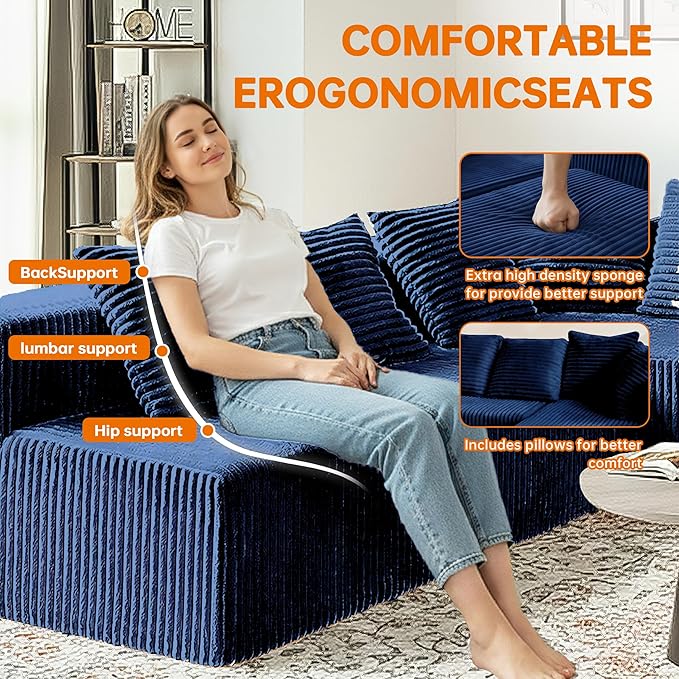 Cloud U-Shaped Sectional Couch130 Modular Boneless Couch for Living RoomModern 4 Seat Corduroy Sofa with ChaiseDeep SeatNo Assembly Required (Blue)