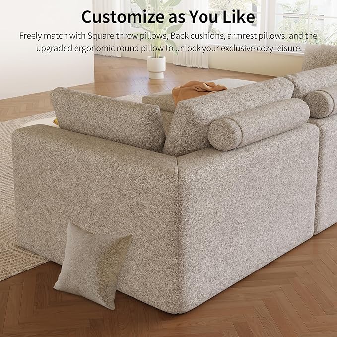 109 Modular Sectional Sofa with Deep Seat Oversized U-Shaped Cloud Couch for Living Room with 2 Ottomans Boneless Memory Foam Teddy Fleece Sofa No Tools Assembly Required (Beige2 Ottomans)