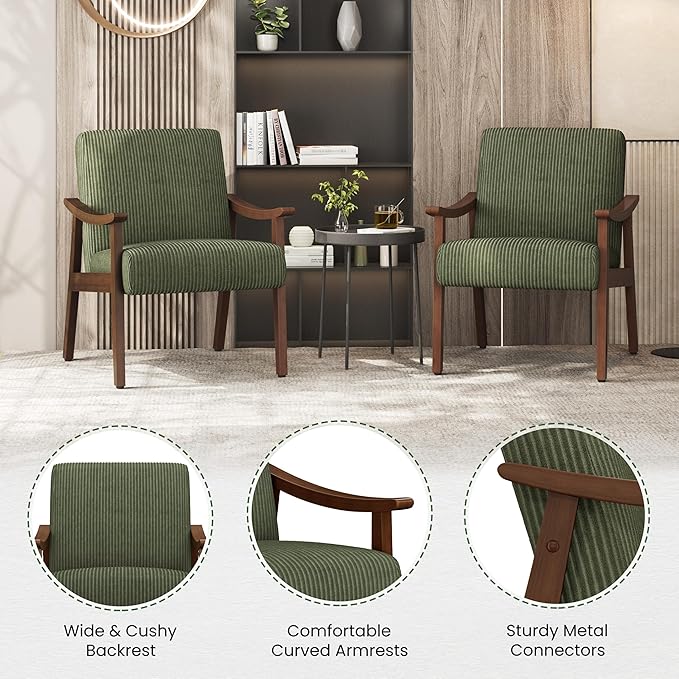 Yaheetech Corduroy Accent Chair Mid-Century Modern Armchair with Solid Wood Legs Reading Leisure Chair with High Back for Living Room Bedroom Waiting Room Set of 2 Dark Green