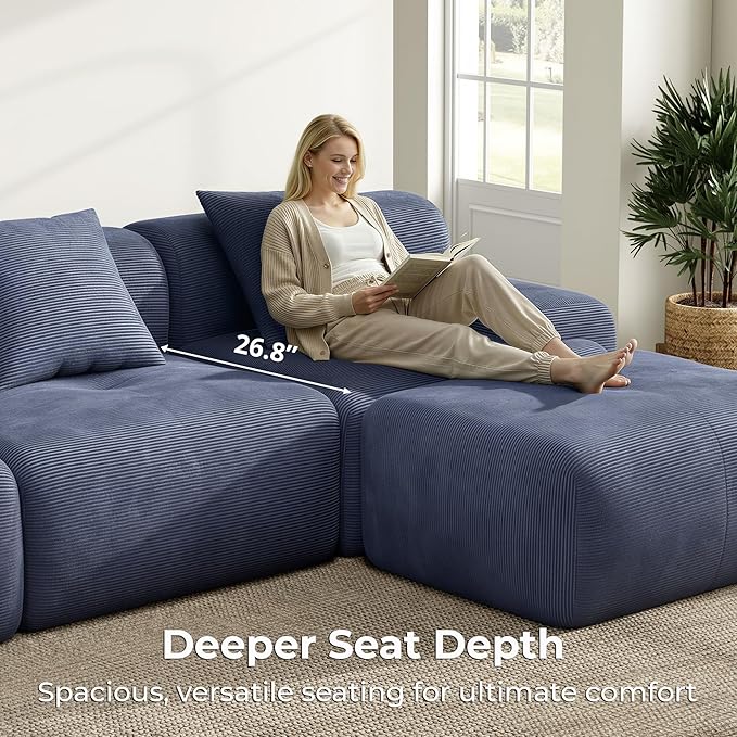 LIKIMIO 118 Modular Sectional Sofa with Ottoman L-Shaped Boneless Couch with Deep Seat for Living Room Corduroy Upholstery No Assembly Required Navy Blue