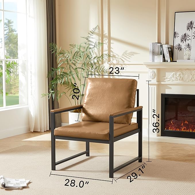 Tech Cloth Armchair Retro Leisure Accent Chair with Extra Soft Padded Cushion Metal Armrests Modern Reading Arm Chair with Black Metal e for Living RoomOfficeBedroomStudy Camel