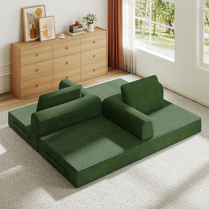 KEIKI 79 Corduroy Sleeper Sofa Bed with Fixed Frame Convertible Folding Couch with Cylindrical Pillow Space-Saving 3-Seat Furniture for Studio Apartment Living Room Modern Green