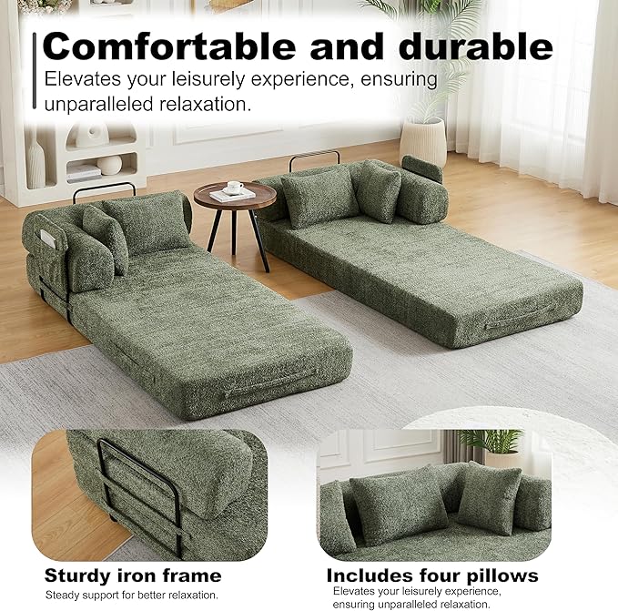 78.7 Chenille 4-in-1 Folding Convertible Sofa Bed Boneless Couches with 4 Pillows &amp Convenient Side Pockets Comfy Foldable Compressed Sofa in Box Floor Sofa Lounge Couch for Living Room(Green)